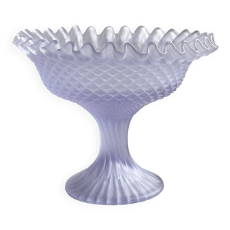 Purple glass pedestal bowl with wavy border and relief pattern.