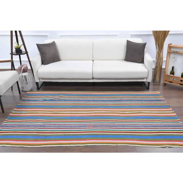 Vintage Turkish Oushak Handmade Wool Cotton Blue Kilim Area Rug 154x230