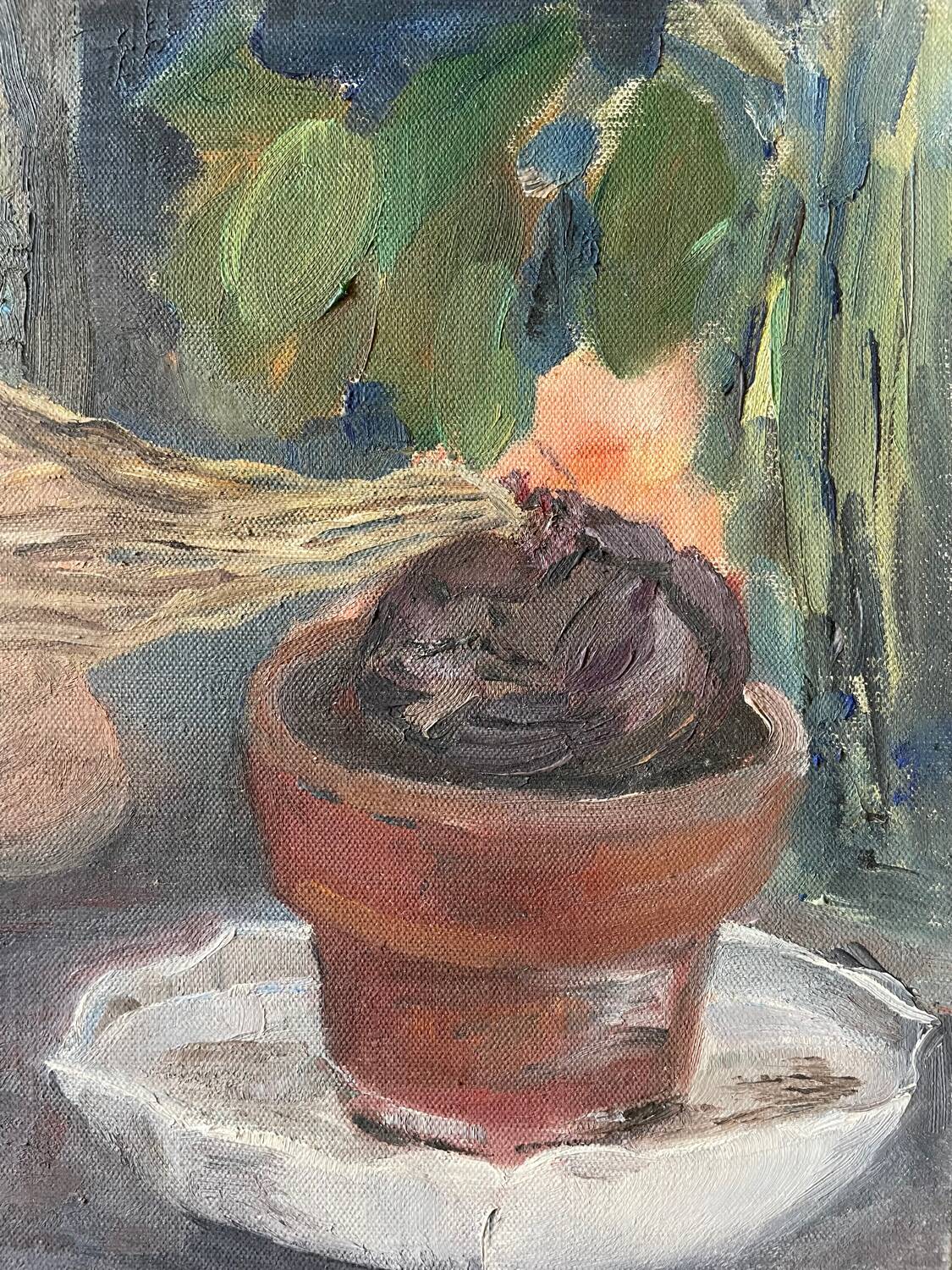 Vintage 70s still life painting with onion