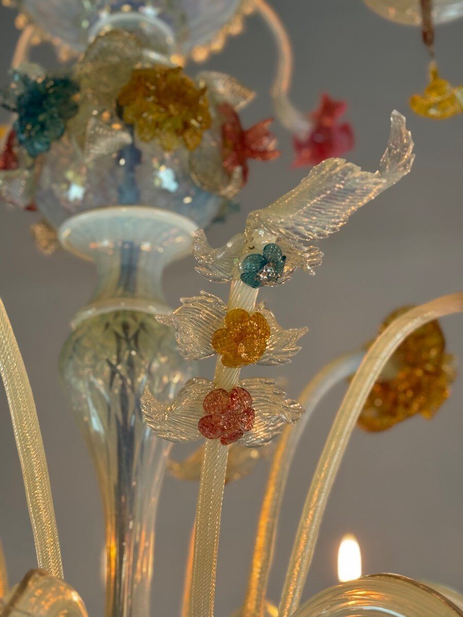 Venetian chandelier in multi-colored Murano glass, 11 light arms on two levels circa 1880