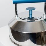 Vintage stainless steel kettle with blue accents - Italian Prandelli 1980s Memphis-inspired design by Raunkjaer Kjaergaard