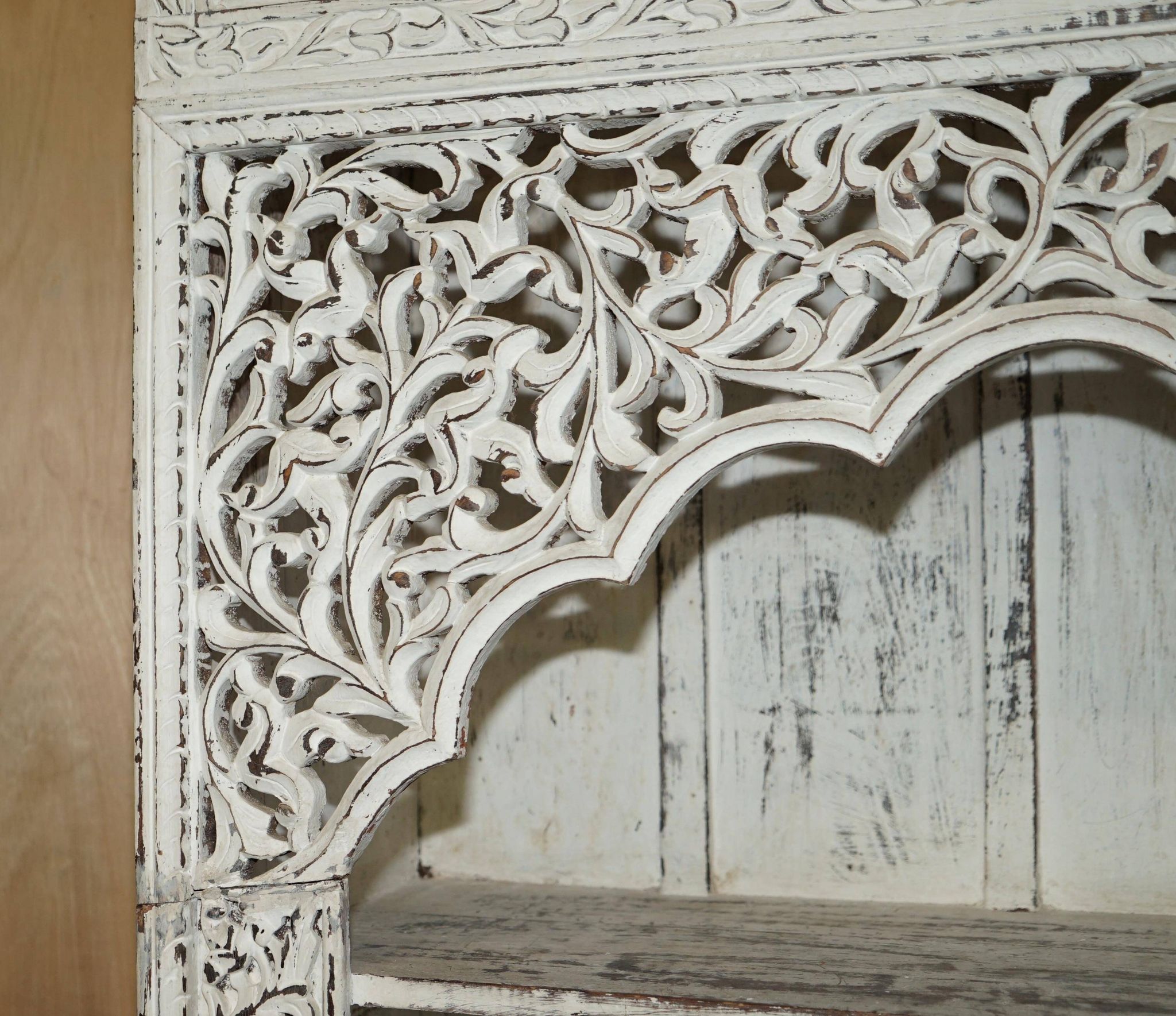 Large antique Anglo-Indian library in carved solid wood with original paint.
