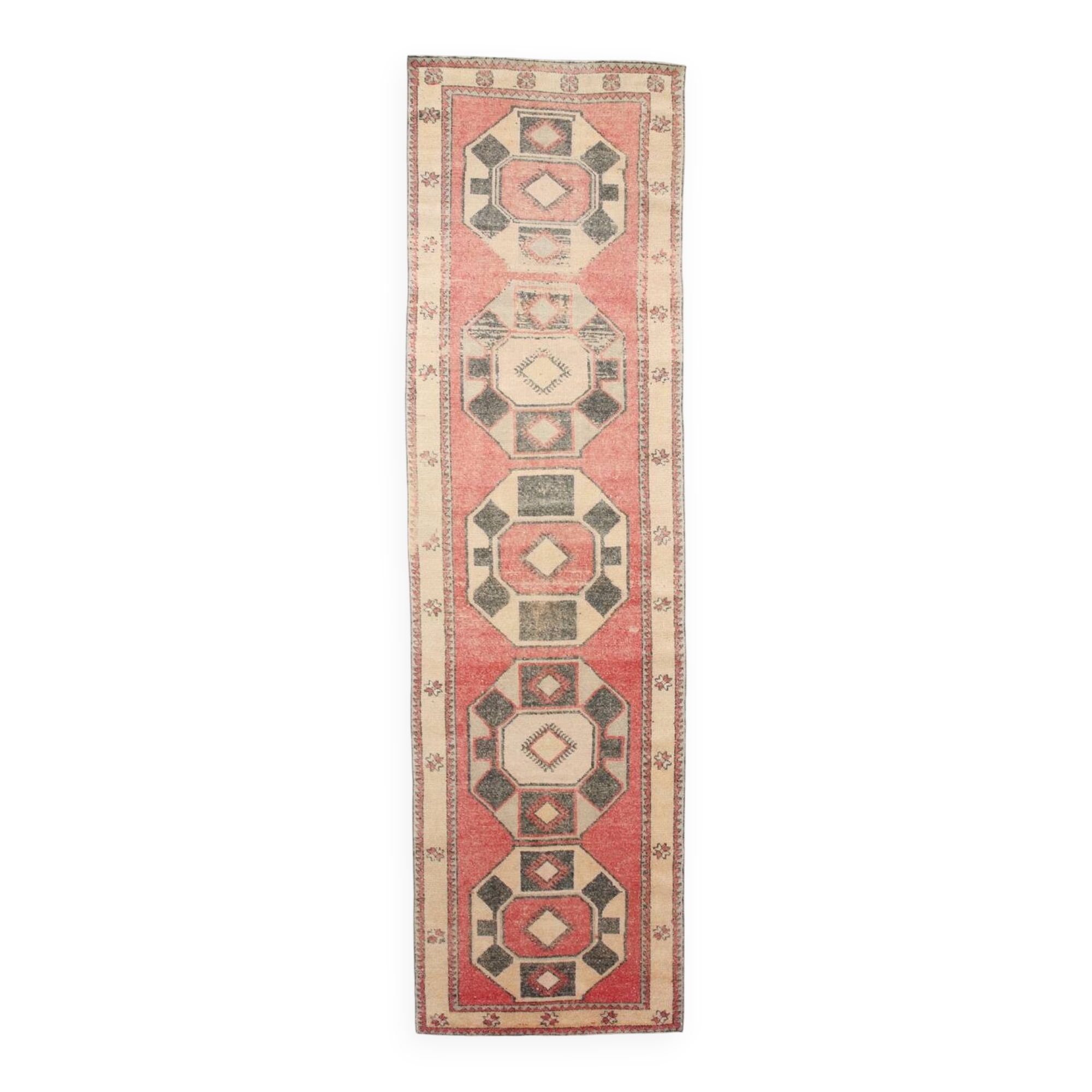 4x12 Coral Red & Beige Vintage Runner Rug,106x375 Cm