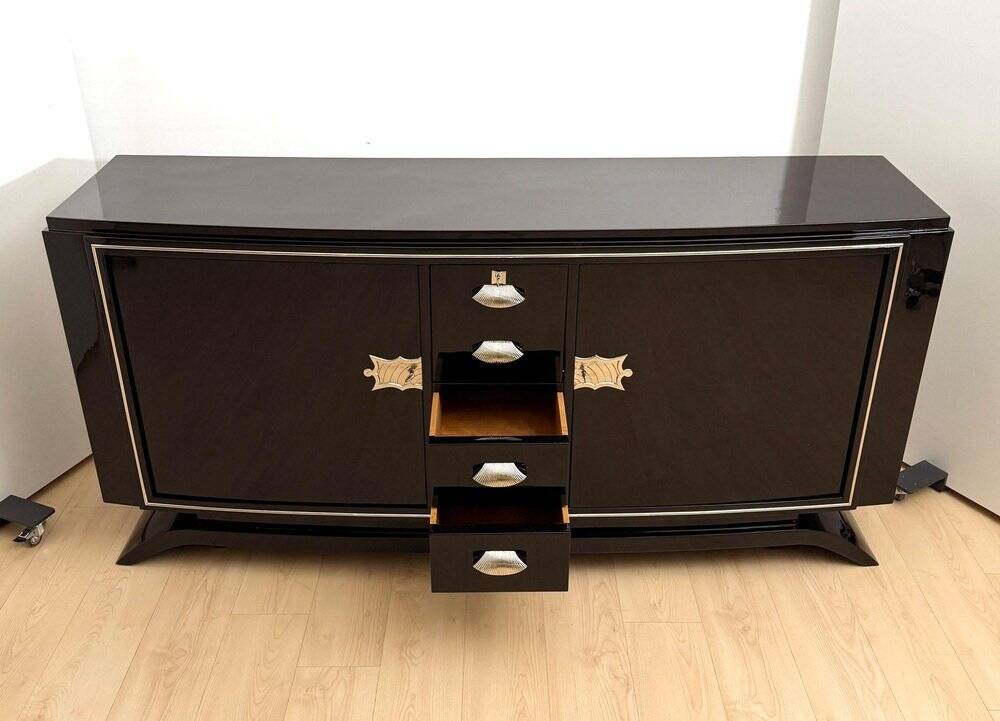 Art Deco Sideboard in Black Lacquer, Maple & Chrome, France, 1930