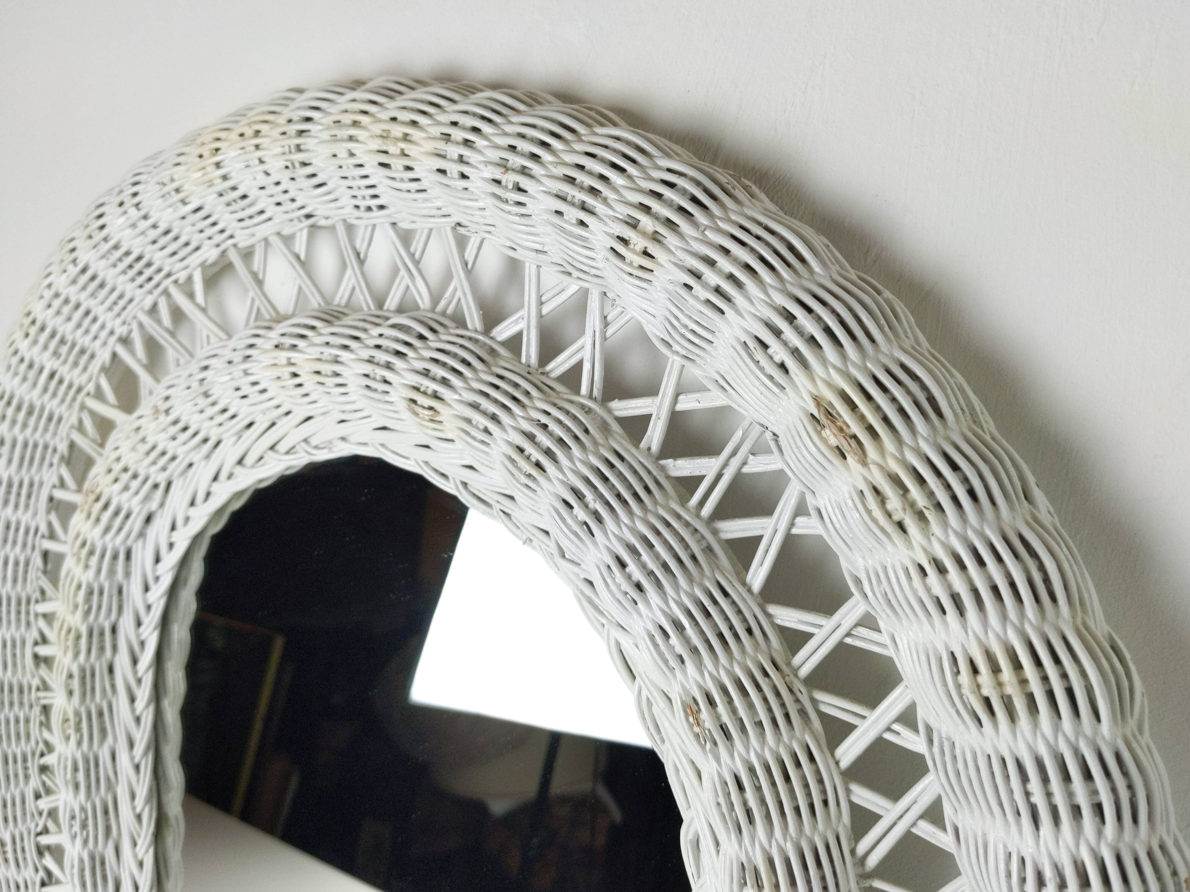Large framed white wicker mirror 1970s  57x72cm