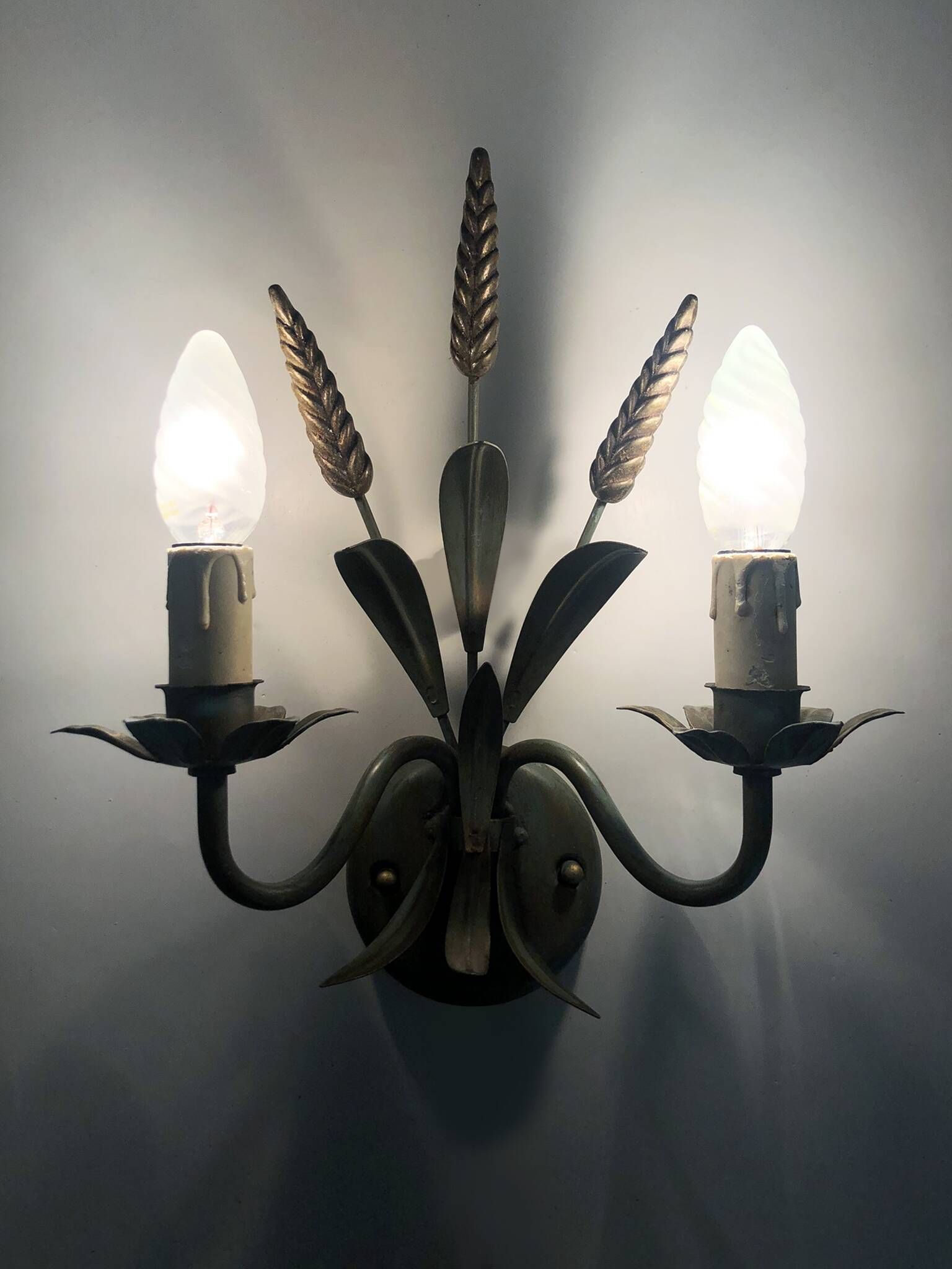 Pair of vintage metal wall sconces in the shape of wheat ears.