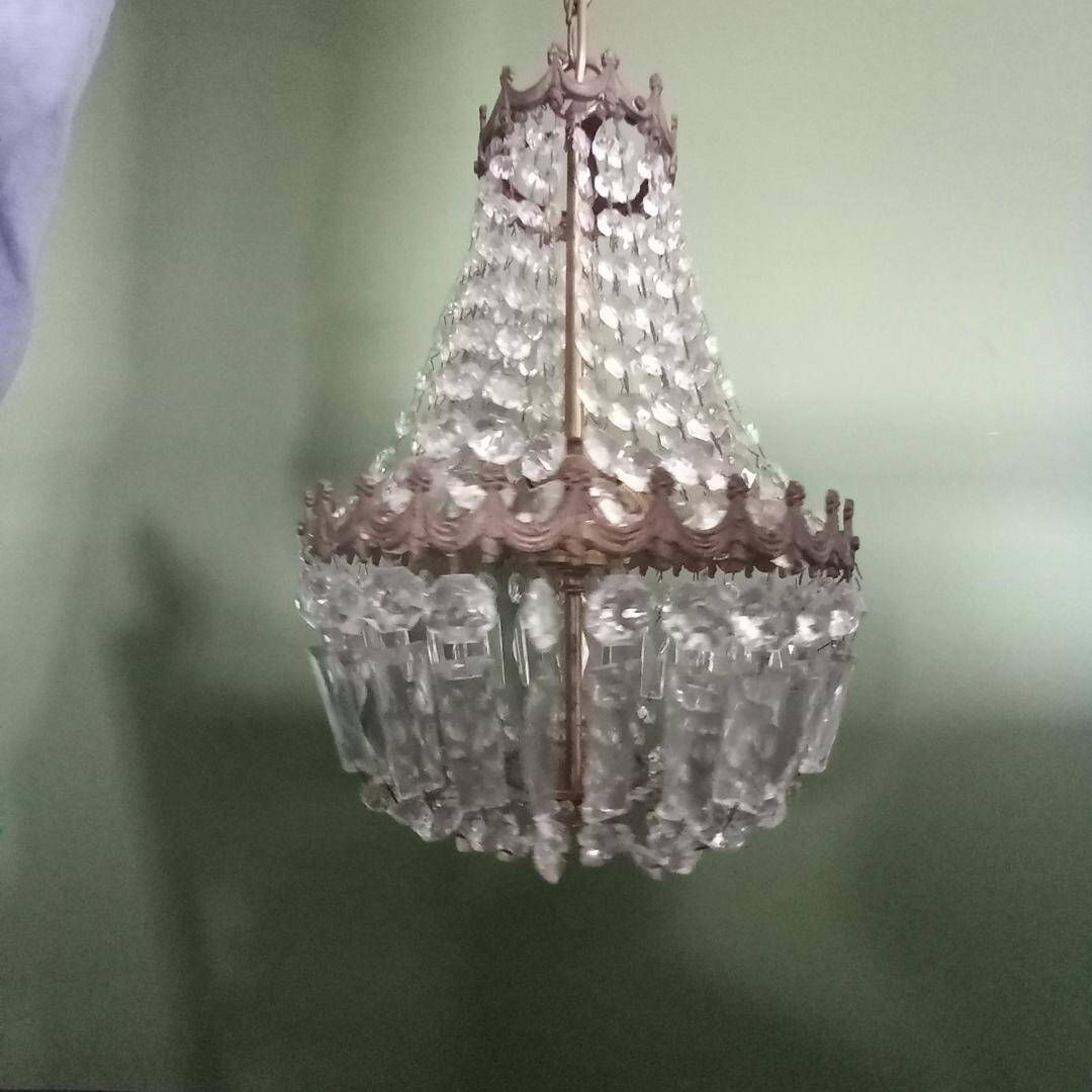 Lustre montgolfiere 3 feux bronze pampille cristal
