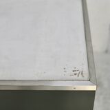 Modernist console, 1960s, glass base, wooden and fabric top.