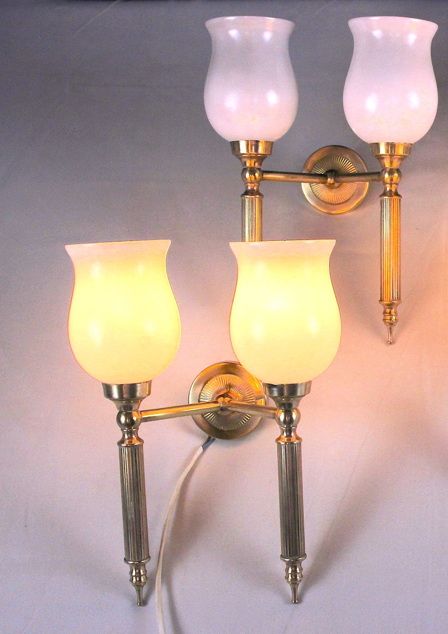 Pair, Neo-Classic Wall Sconces, with Original Tulip Opaline, Maison Jansen France Mid-Century