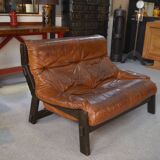 Brutalist sofa in oak and patinated leather, 1960s