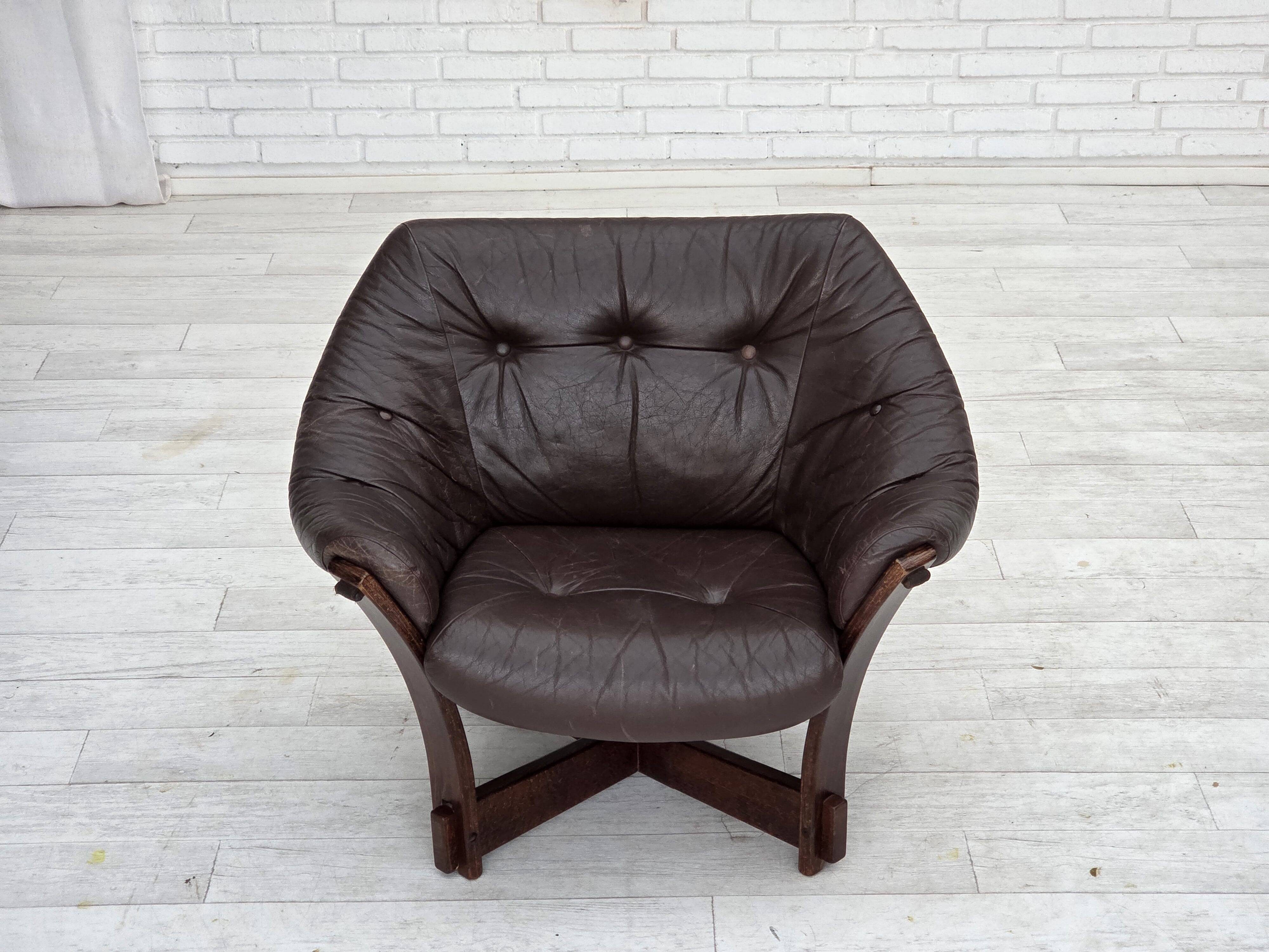 1970s, Scandinavian lounge chair, furniture leather, oak wood.
