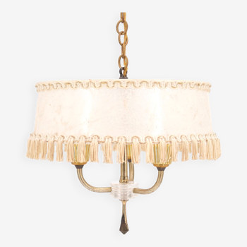 Chandelier in gilded metal and with lampshade, 50s
