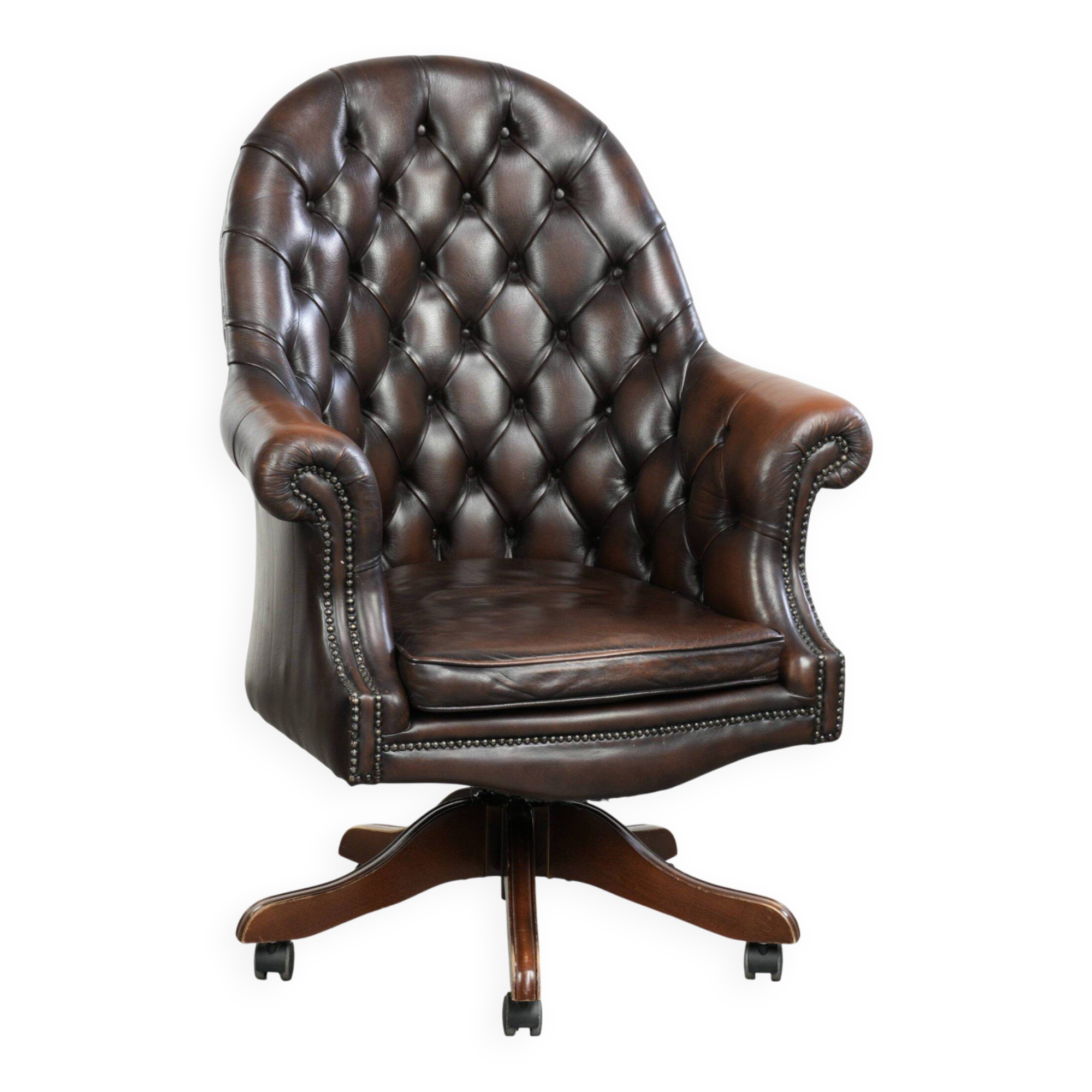 Brown cow leather Chesterfield office chair on wheels in English style