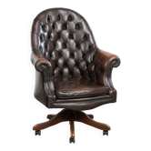 Chaise de bureau Chesterfield en cuir marron avec roulettes de style anglais