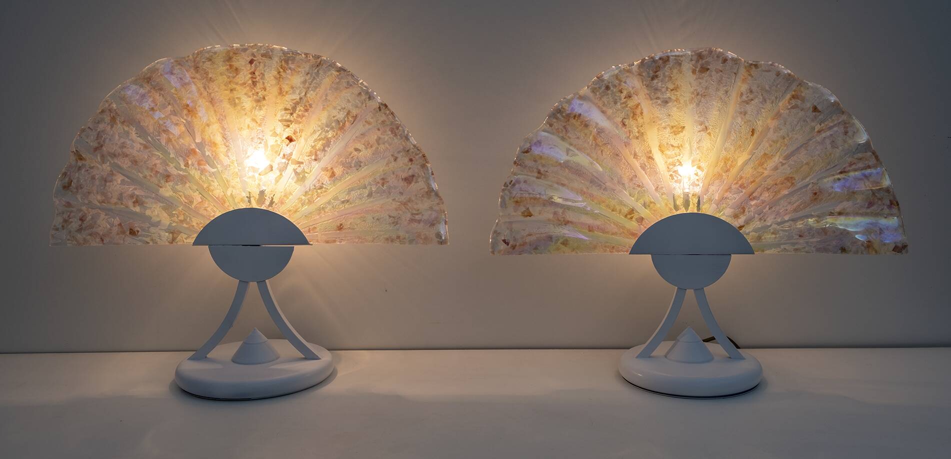 Pair of Postmodern Italian Iridescent Murano Glass Fan Table Lamps, 1980s