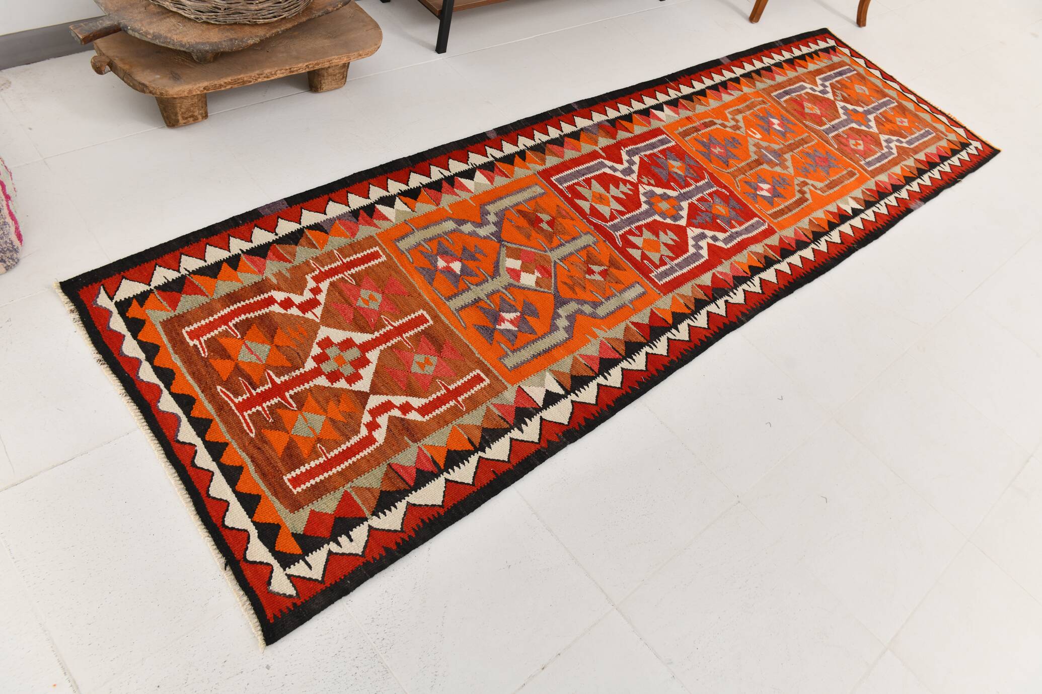 3x10 Red & Orange Tribal Kilim Runner Rug 93x308Cm SK 34615