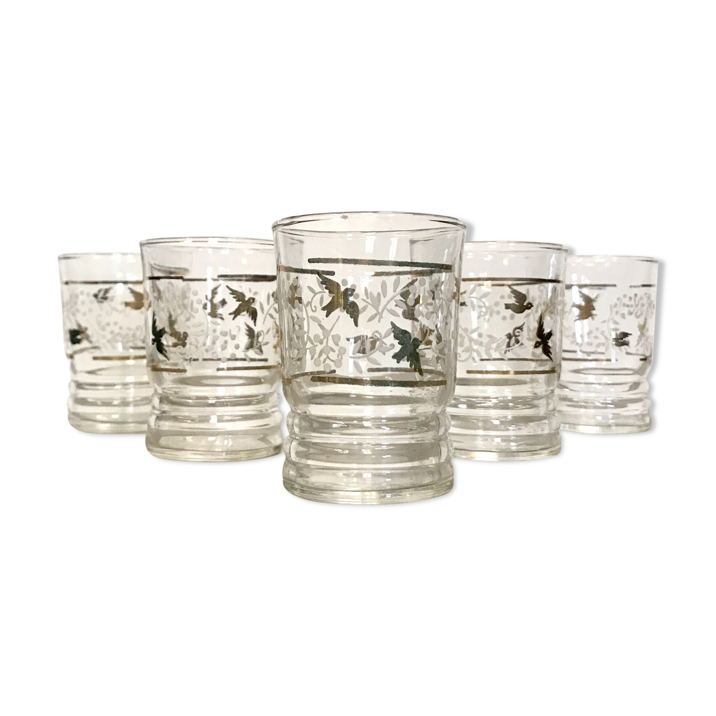 Six glasses old flowers and birds