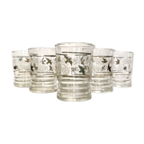 Six glasses old flowers and birds