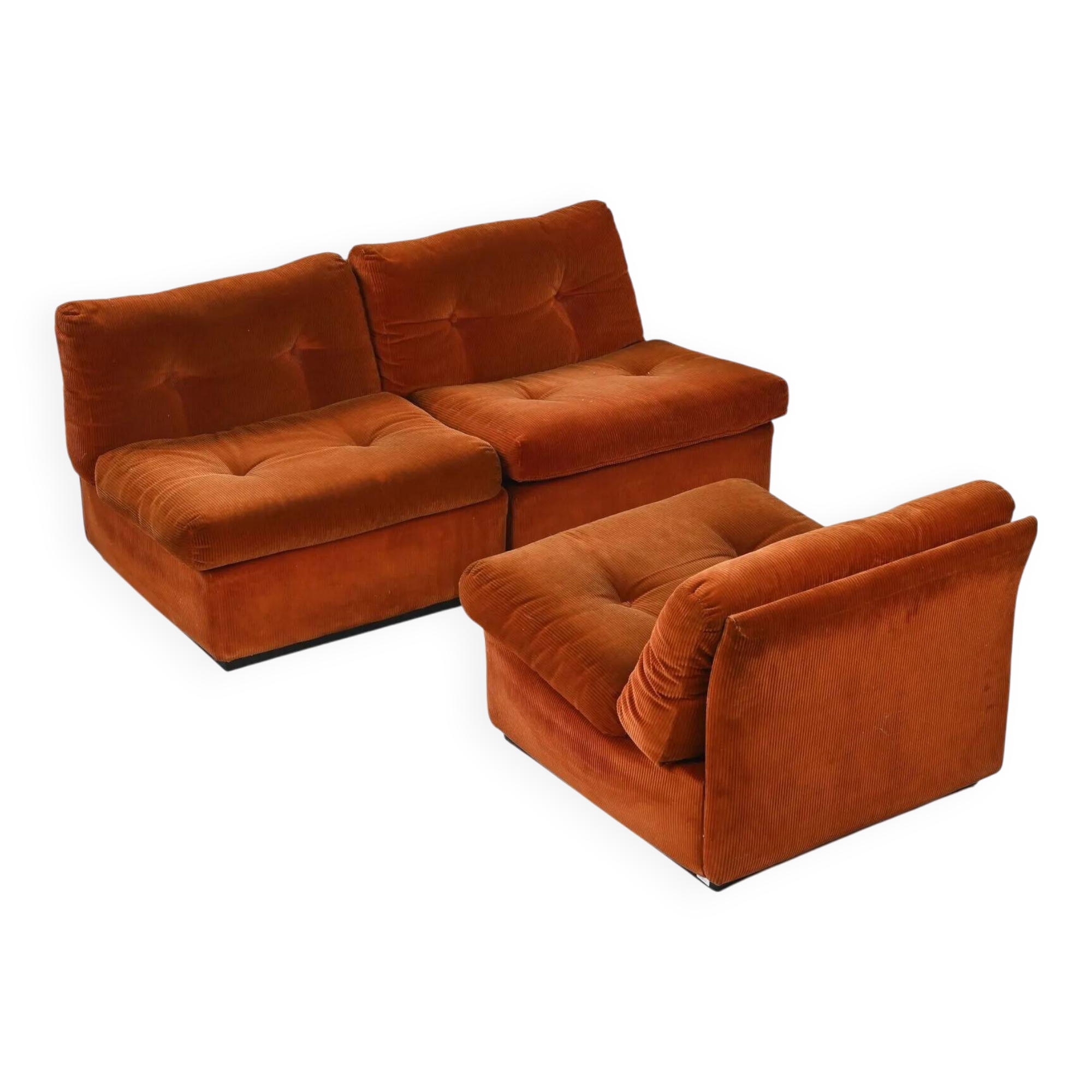 Set of three vintage armchairs. 1970s. Orange corduroy.