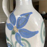 Vintage signed stoneware pitcher jug with floral painting decoration