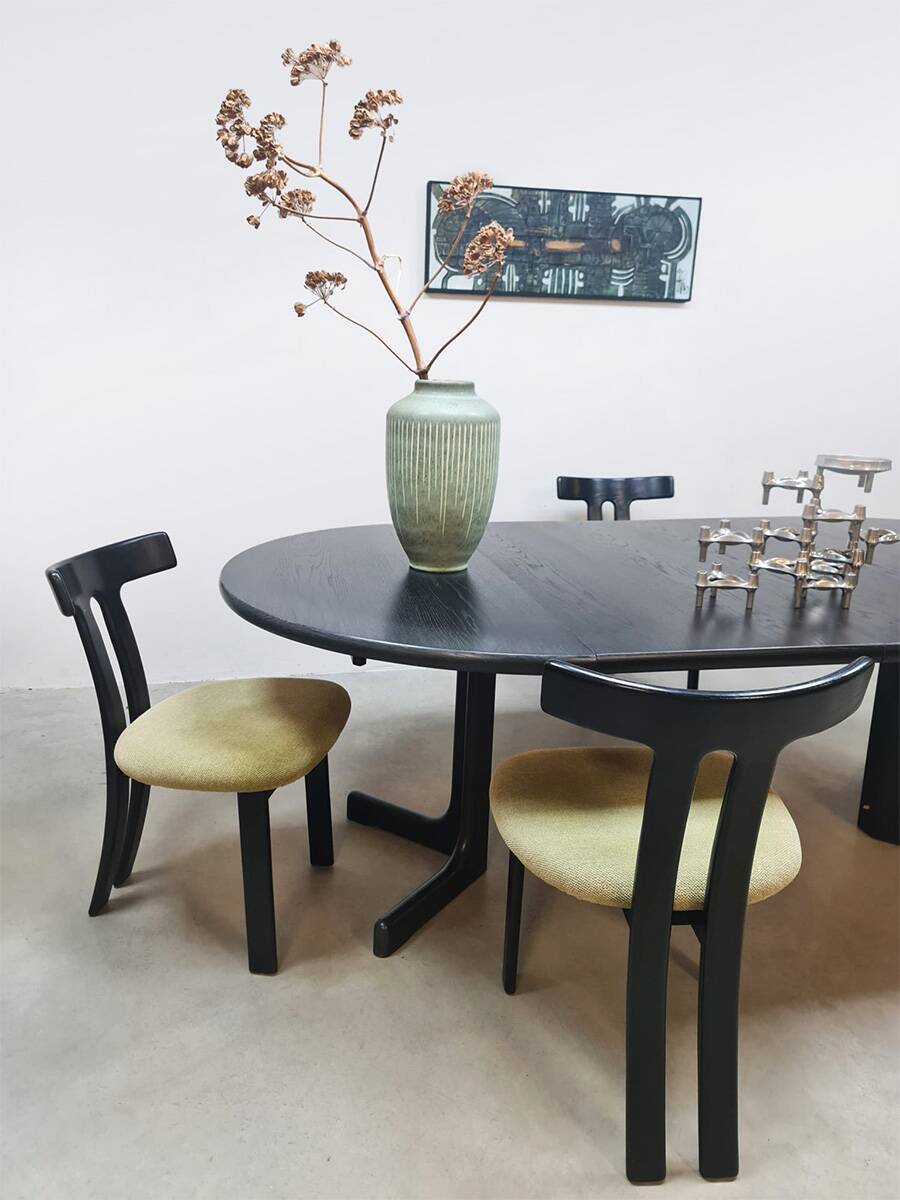 Midcentury 'T-shape' black oak extendable dining set vintage
