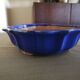 Blue enamelled terracotta tripod pot, saucer cover, middle xxth