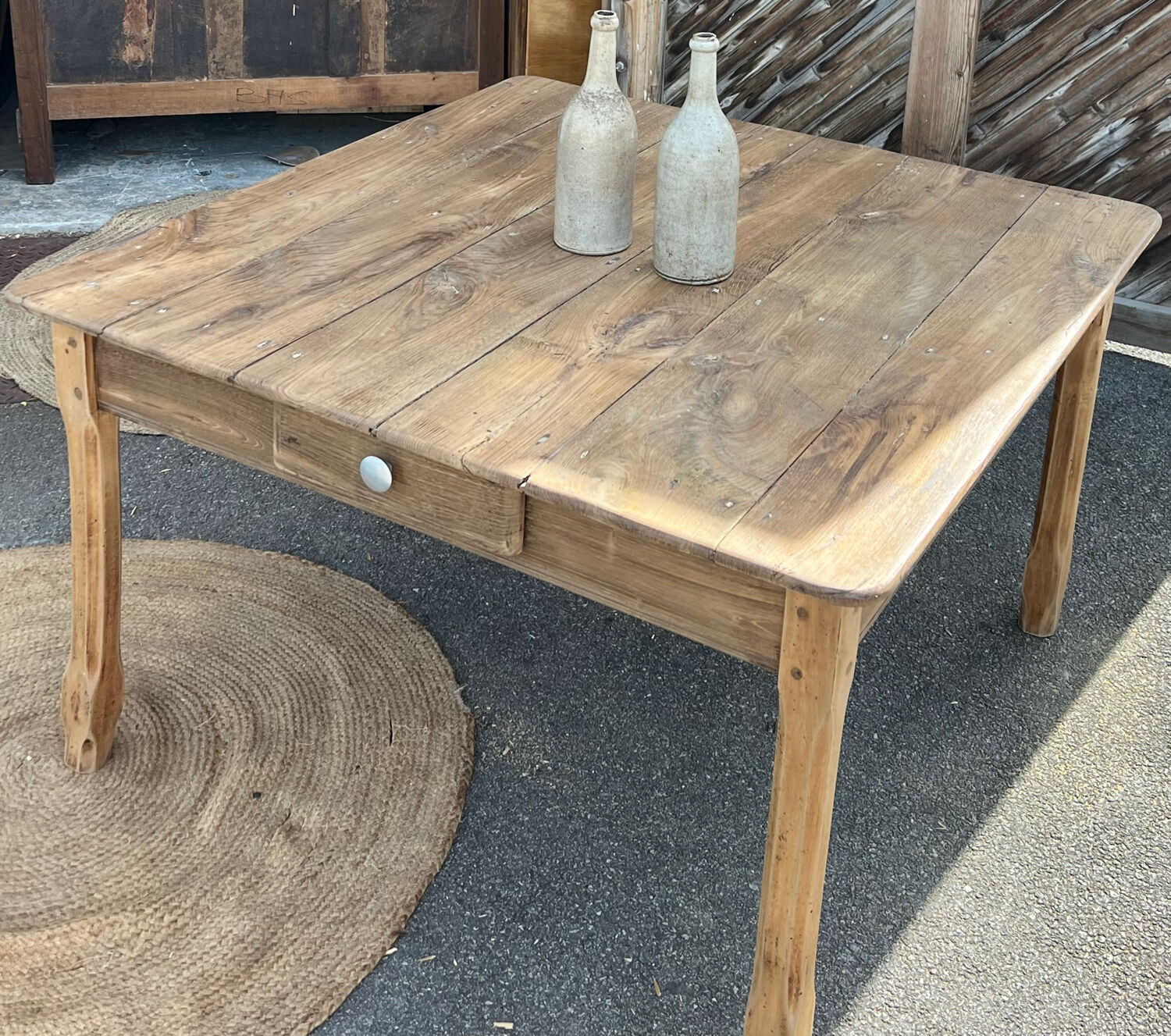 Large square antique farmhouse table in raw solid oak with 1 drawer.