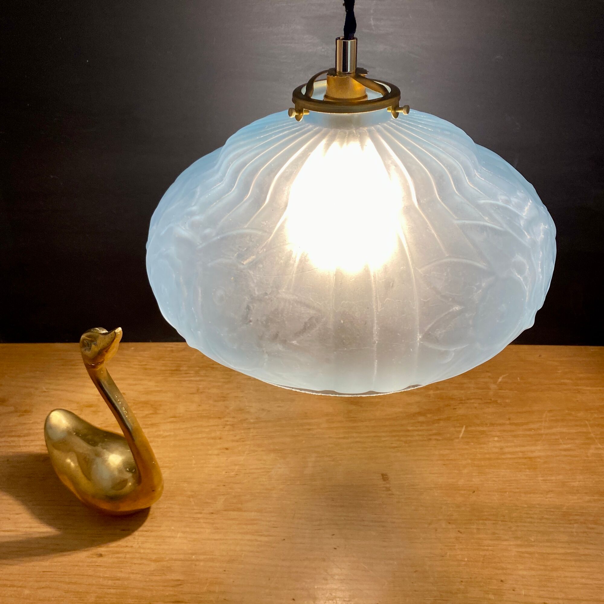 Vintage art deco lampshade pendant lamp in blue frosted glass