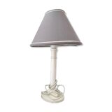 Wooden lamp with gray lampshade