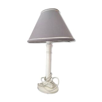 Wooden lamp with gray lampshade