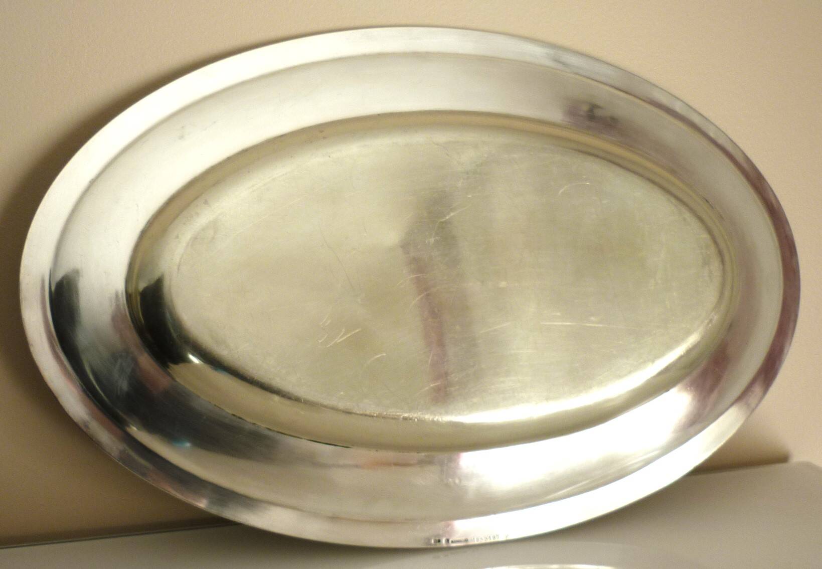 Oval dish, silver-plated metal, Christofle goldsmith, pearl frieze model, 49cm