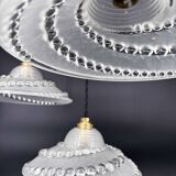 Set of 3 moulded glass pendant lights with cabochons, Art Deco style Ezan.