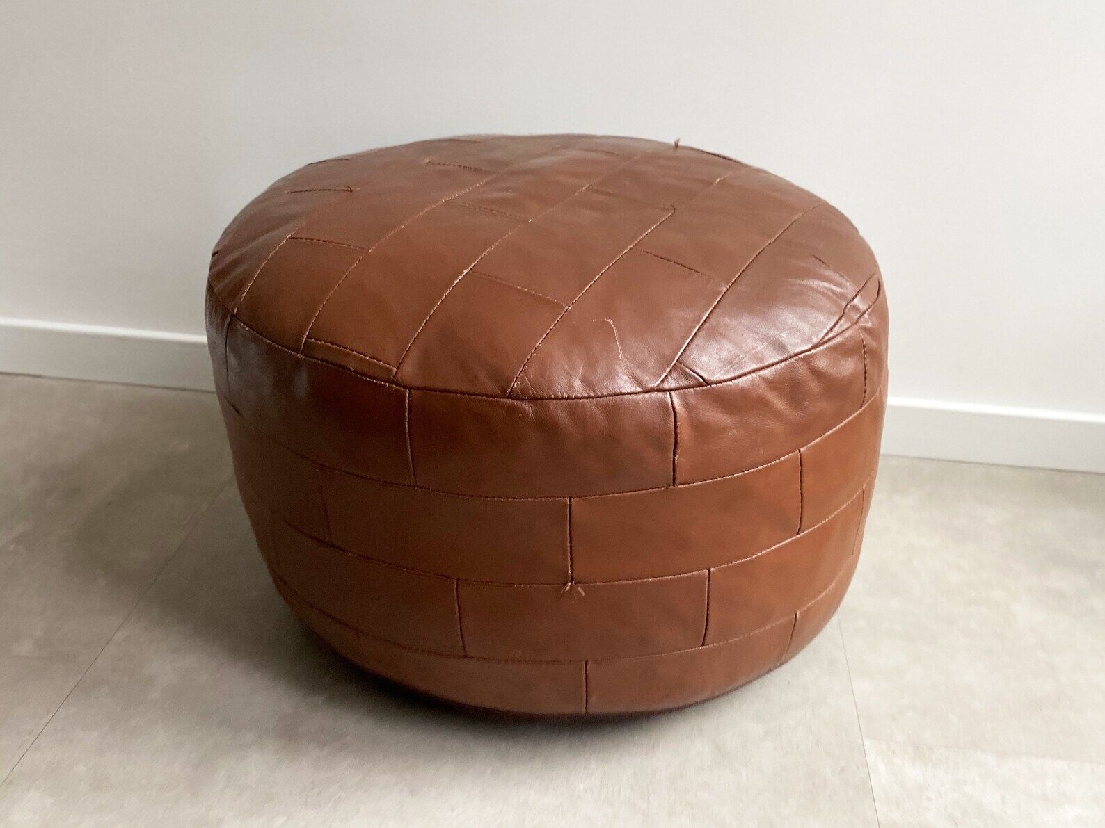 Vintage brown patchwork round leather ottoman / poof / bench