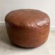Vintage brown patchwork round leather ottoman / poof / bench