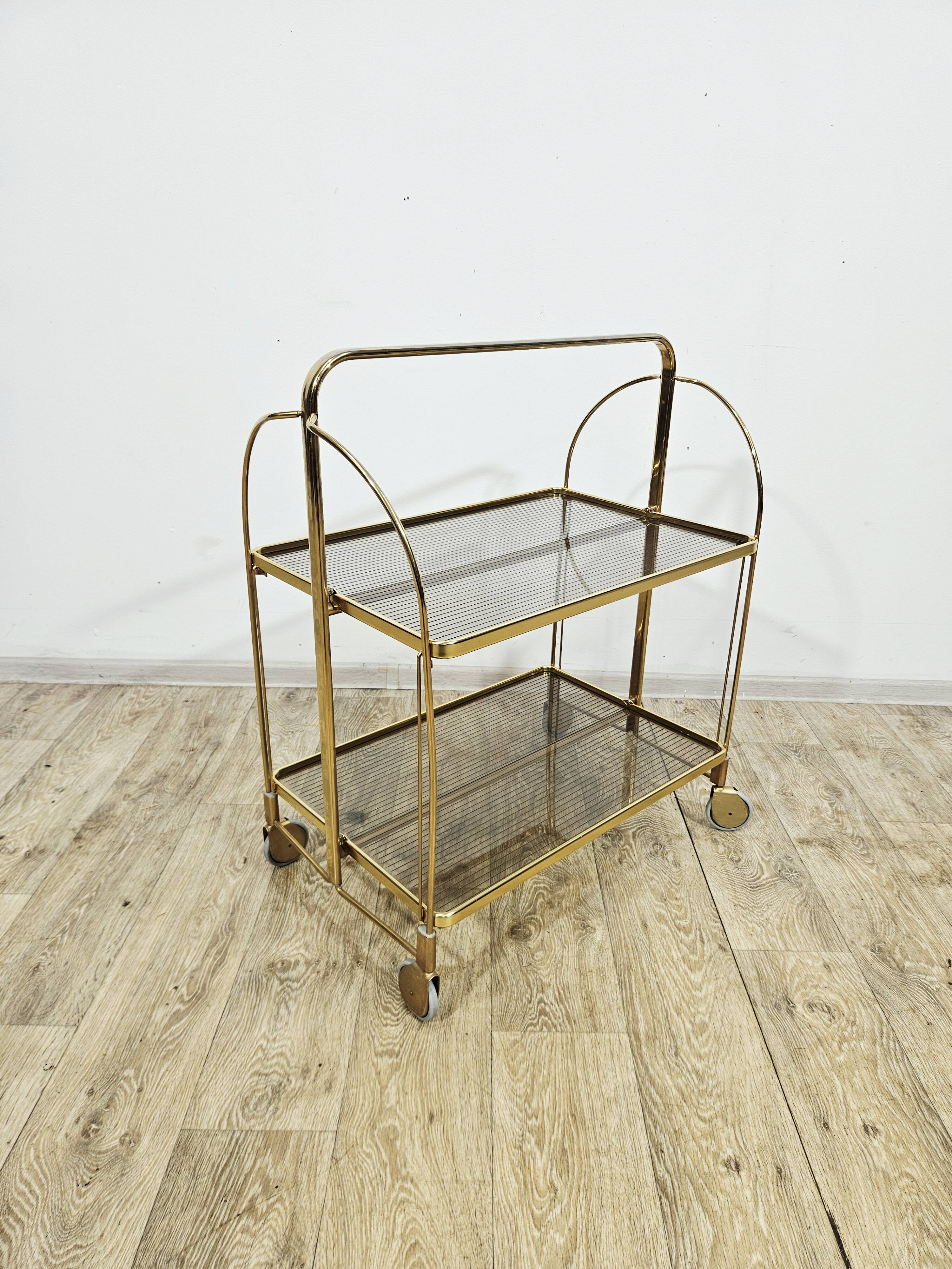Mid-Century Folding Bar Cart – Brass and Ribbed Plexiglass – 1960s