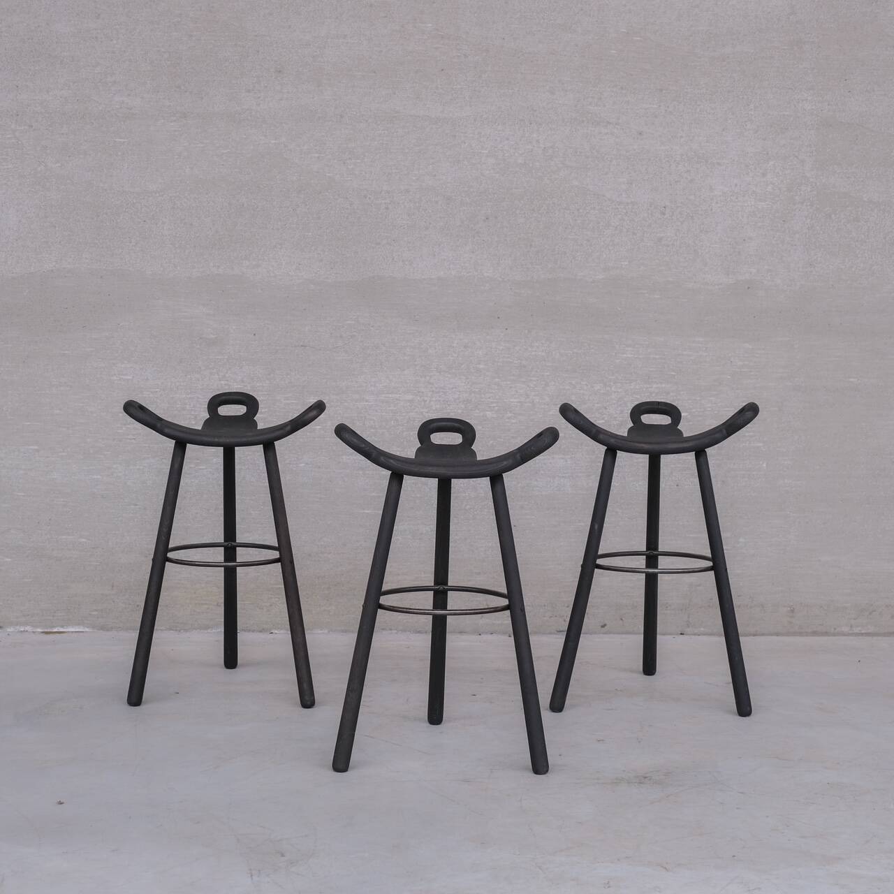 Set of Three Stained Blackened Mid-Century 'Marbella' Bar Stools