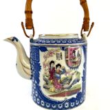 Japanese porcelain teapot with bamboo handle geisha décor and bird on flowers