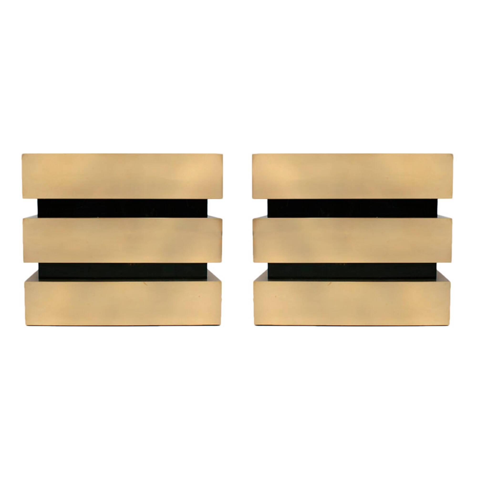 Mid Century Style Solid Wood, Brass and Black Glass Pair of Italian Commode