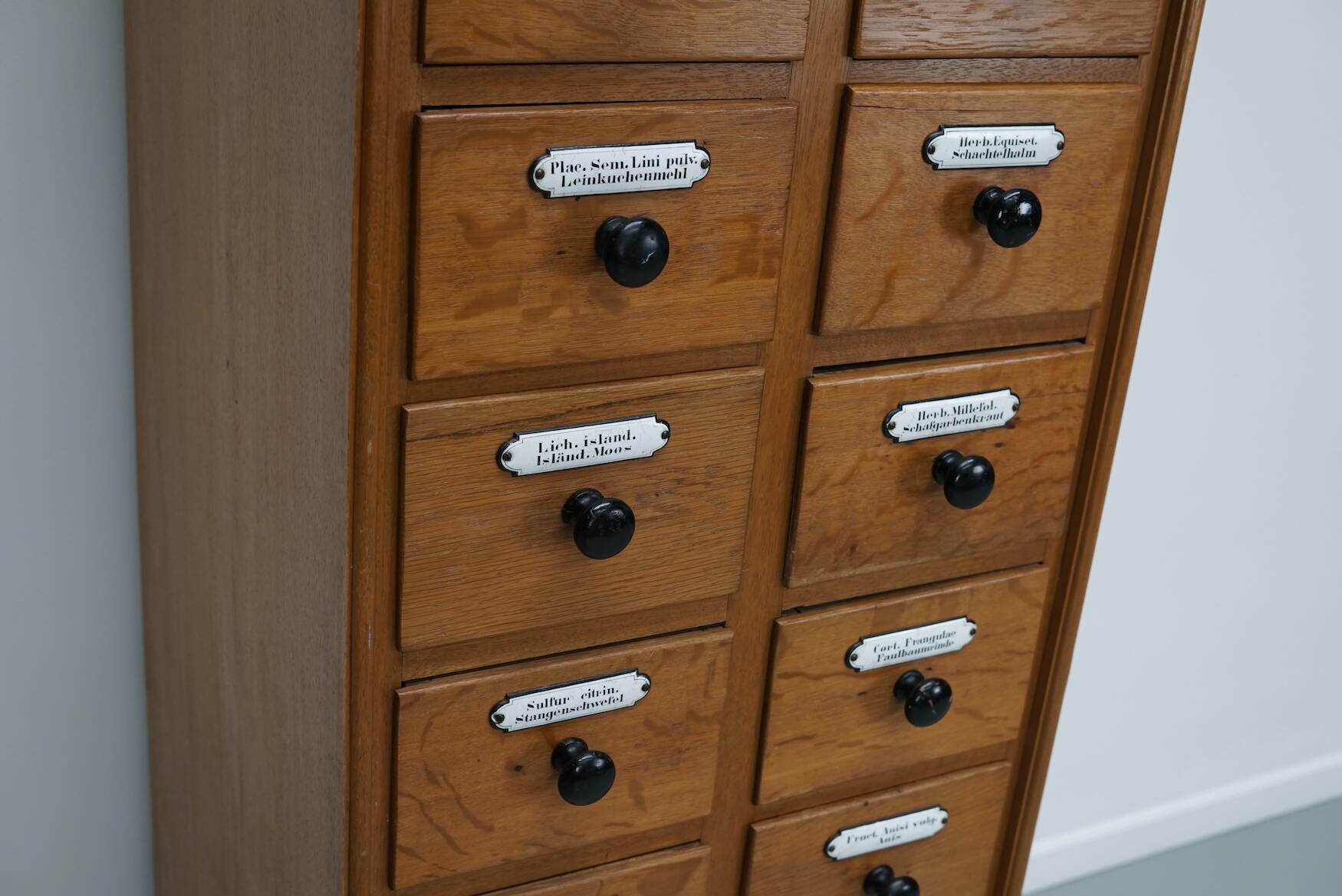 German Oak Apothecary Cabinet with Enamel Shields, 1940s