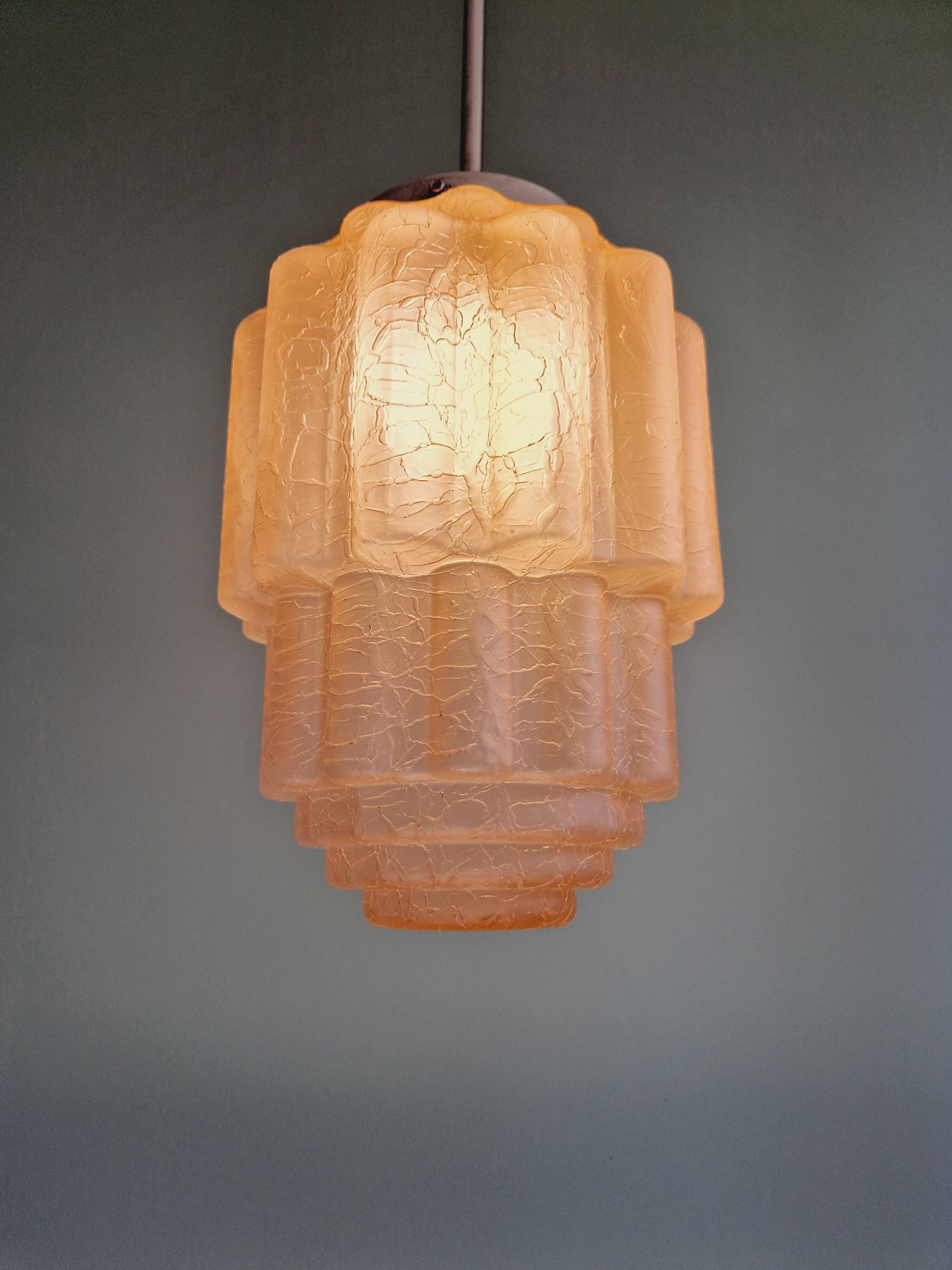 Art Deco Skyscraper pendant light in pink cracked glass