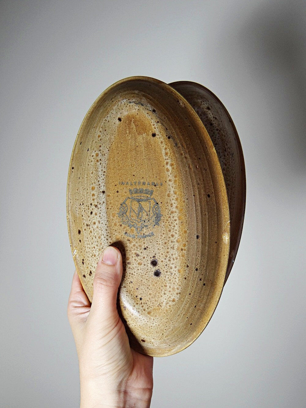 2 oval vintage stoneware/ceramic dishes from Salins, 1960s.