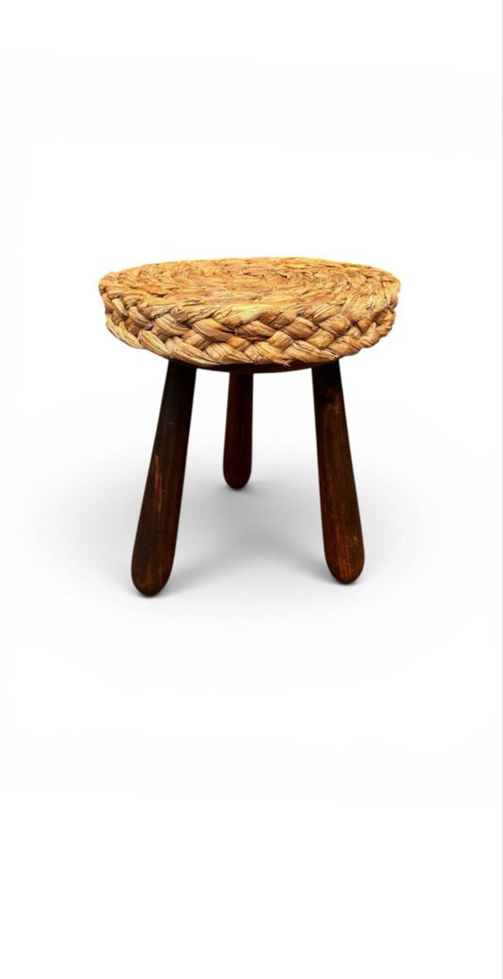 Tabouret tripode en chêne et paille Audoux et Minet 50’s