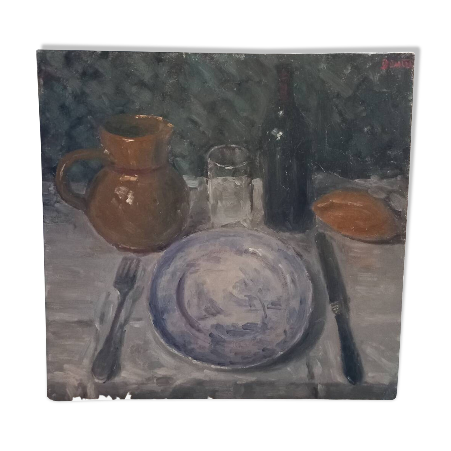 Oil painting. Still life with wine bottle