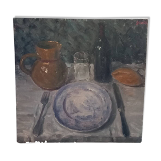 Oil painting. Still life with wine bottle