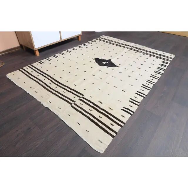 Tapis kilim en laine et coton beige turc vintage noué à la main 140x196
