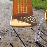 6 vintage iron and orange plastic garden chairs