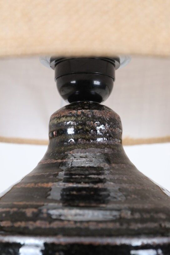 Rare, handcrafted Robert “Rob” Bentsen ceramic table lamp with a jute lampshade / Mid-century Danish modern design / 1960s / 1970s