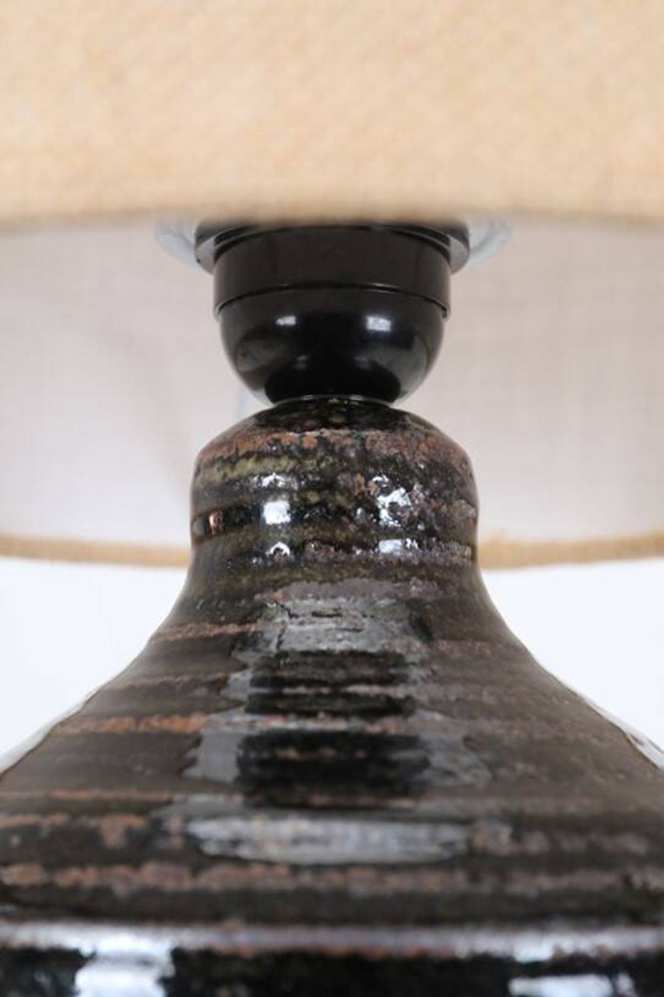 Rare, handcrafted Robert “Rob” Bentsen ceramic table lamp with a jute lampshade / Mid-century Danish modern design / 1960s / 1970s