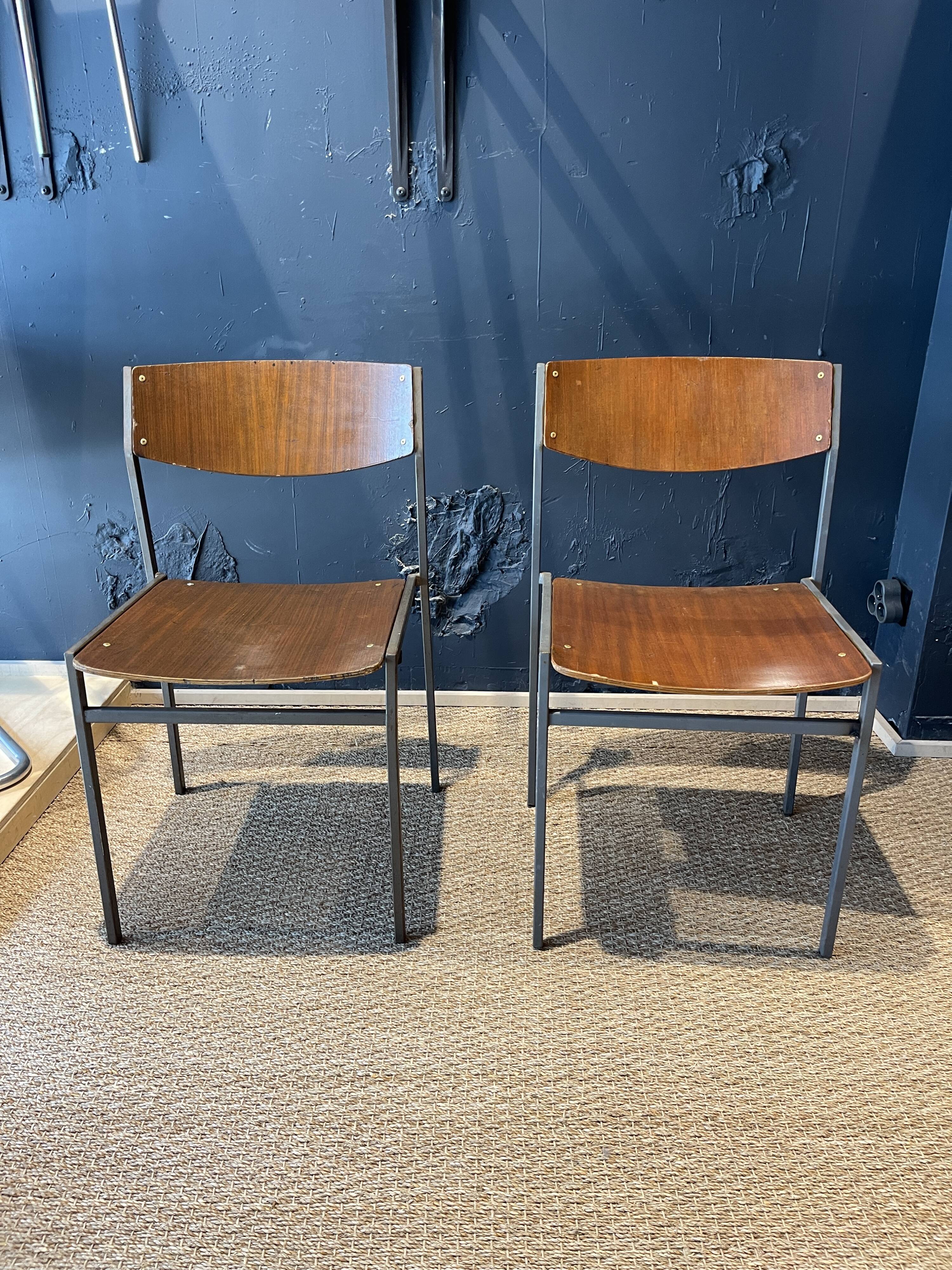 Pair of Gijs Van Der Sluis chairs in wood and taupe grey steel legs, Netherlands