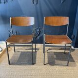 Pair of Gijs Van Der Sluis chairs in wood and taupe grey steel legs, Netherlands